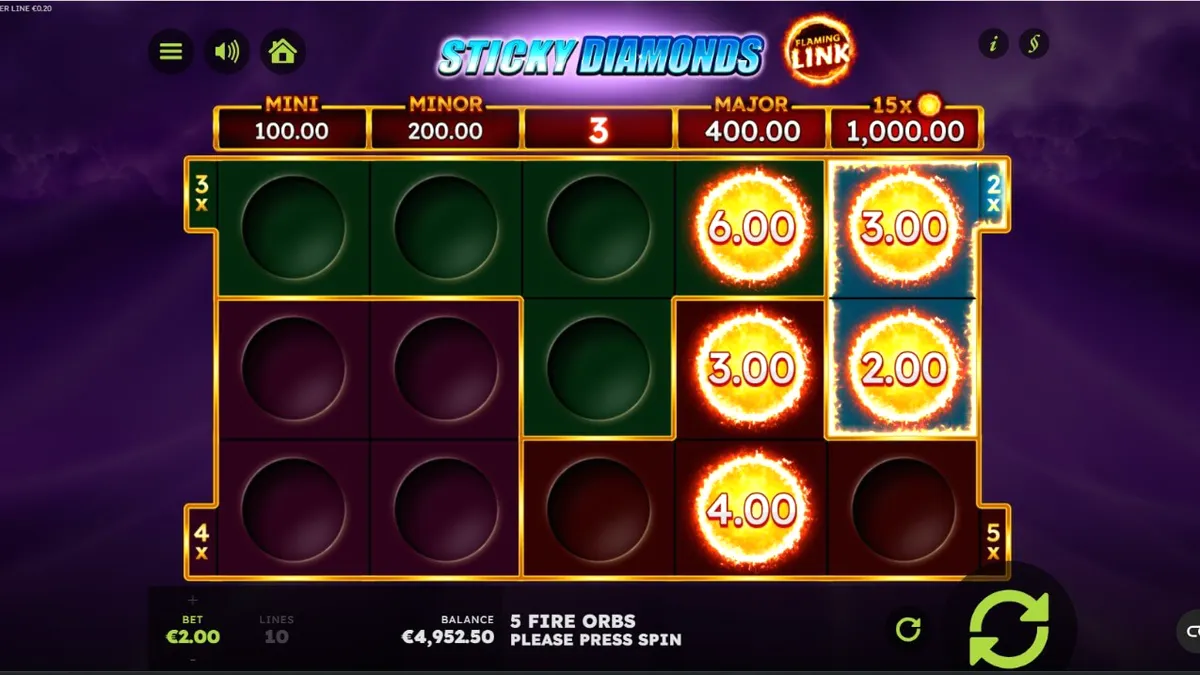 Tampilan antarmuka slot Sticky Diamonds Flaming Link dengan simbol buah dan berlian