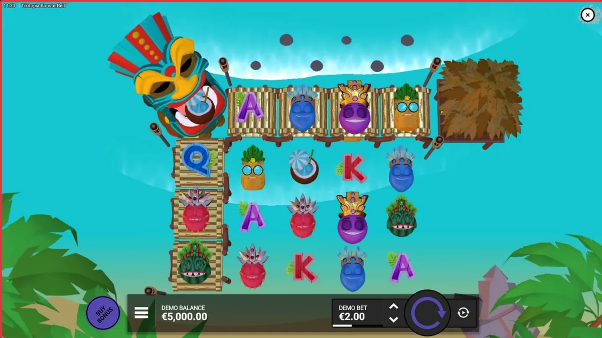 Tampilan visual slot Tikitopia BoosterBelt dengan totem Tiki dan simbol buah-buahan yang cerah.